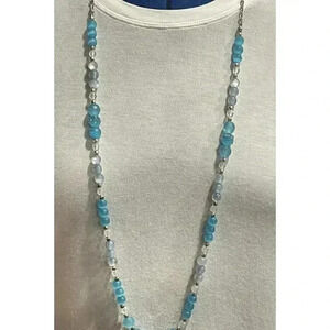 Vintage Necklace Iridescent Blue Beads Silver Tone Strand NY New York See Pics